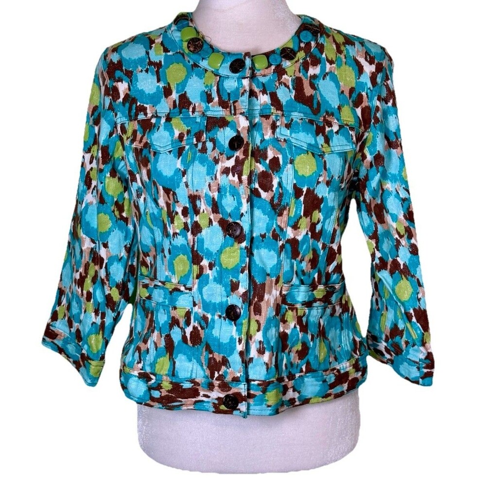 Women Colorful Abstract Print Cropped Jacket 3/4 Sleeve Dopamine Dressing Size 6